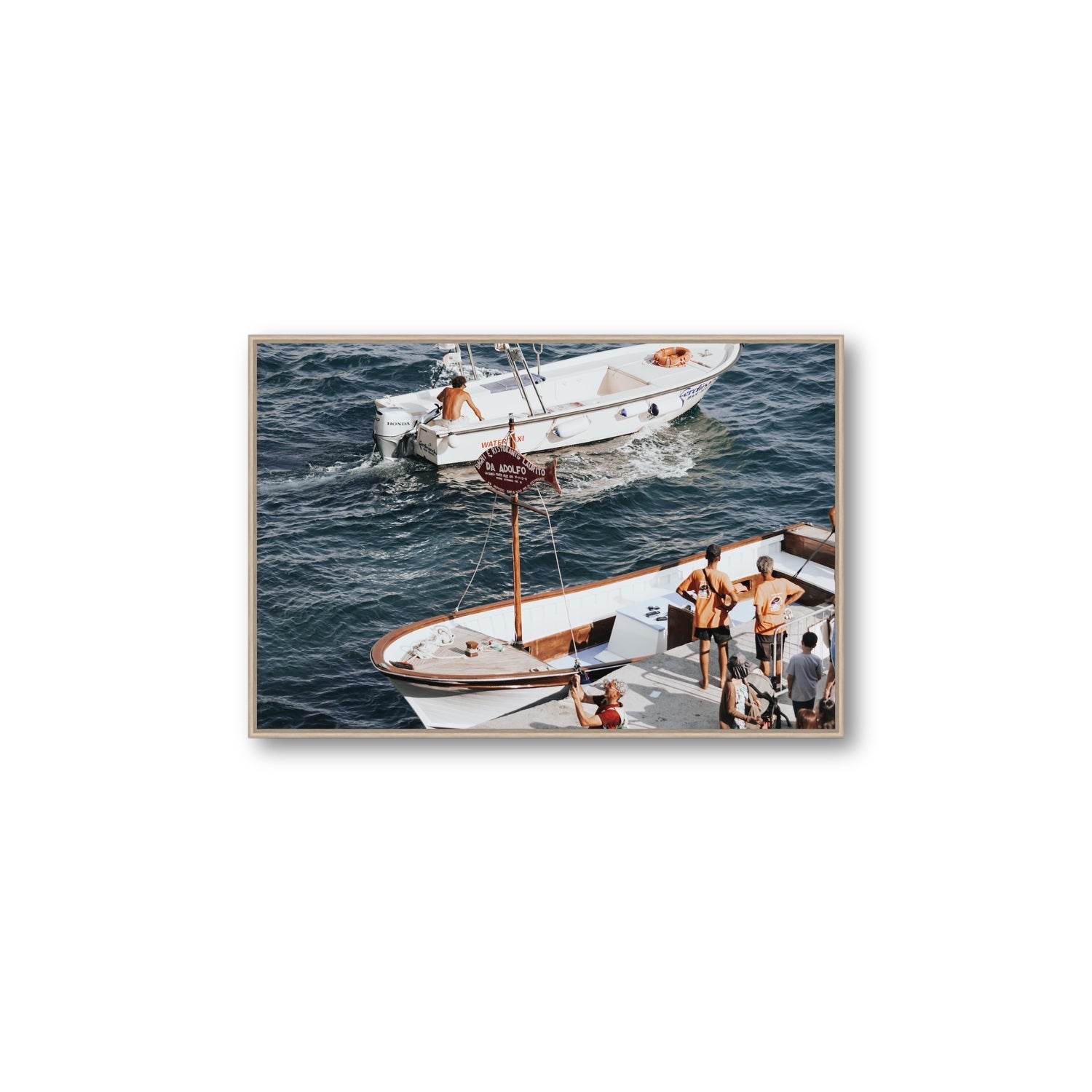 Water Taxi Positano wall art Large fine art canvas in natural oak float frame