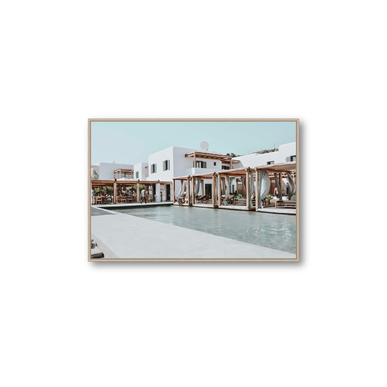Polytelís Mykonos Greek island wall art Large fine art canvas in natural oak float frame