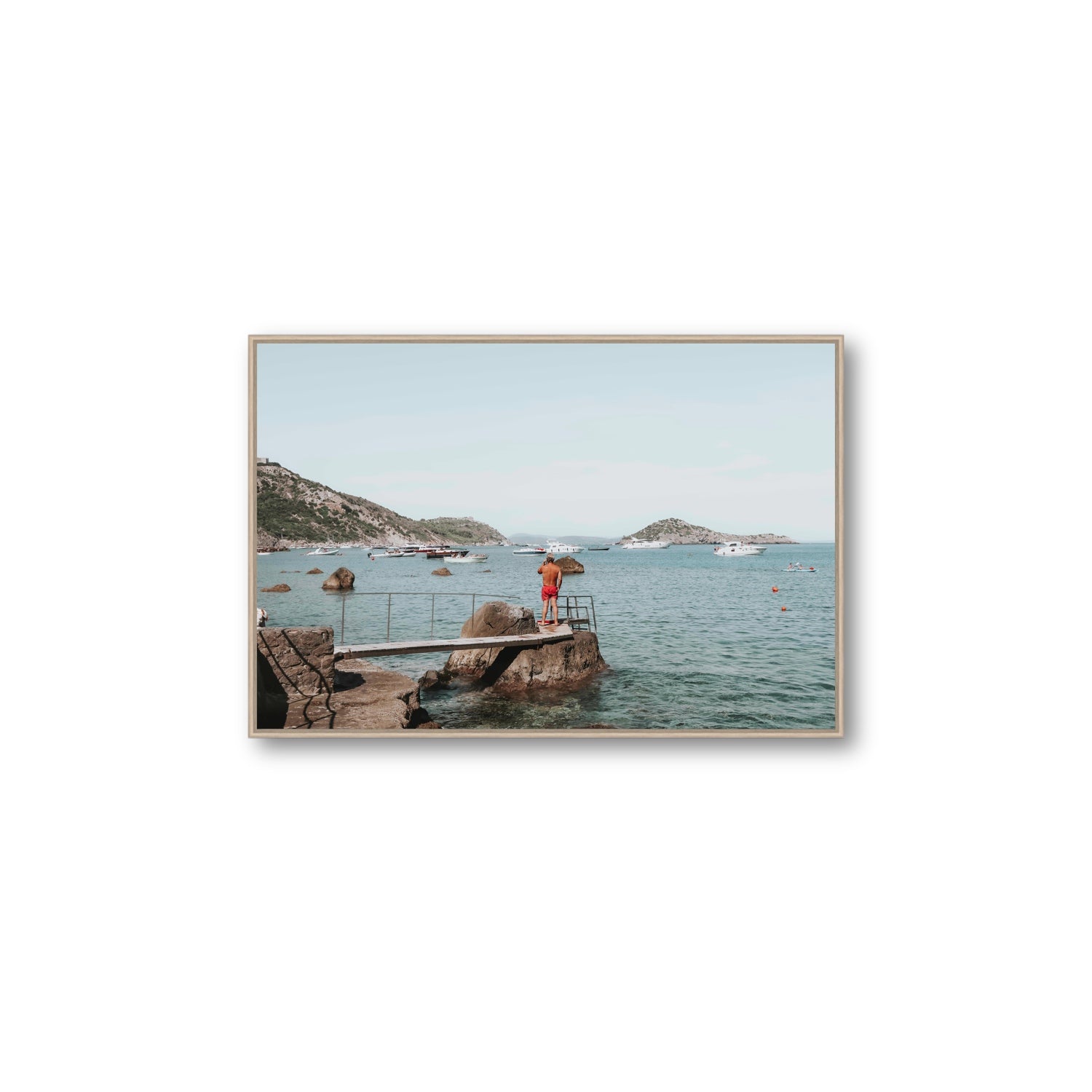 Out Of Office Tuscany coastal Italian wall art Large fine art canvas in natural oak float frame