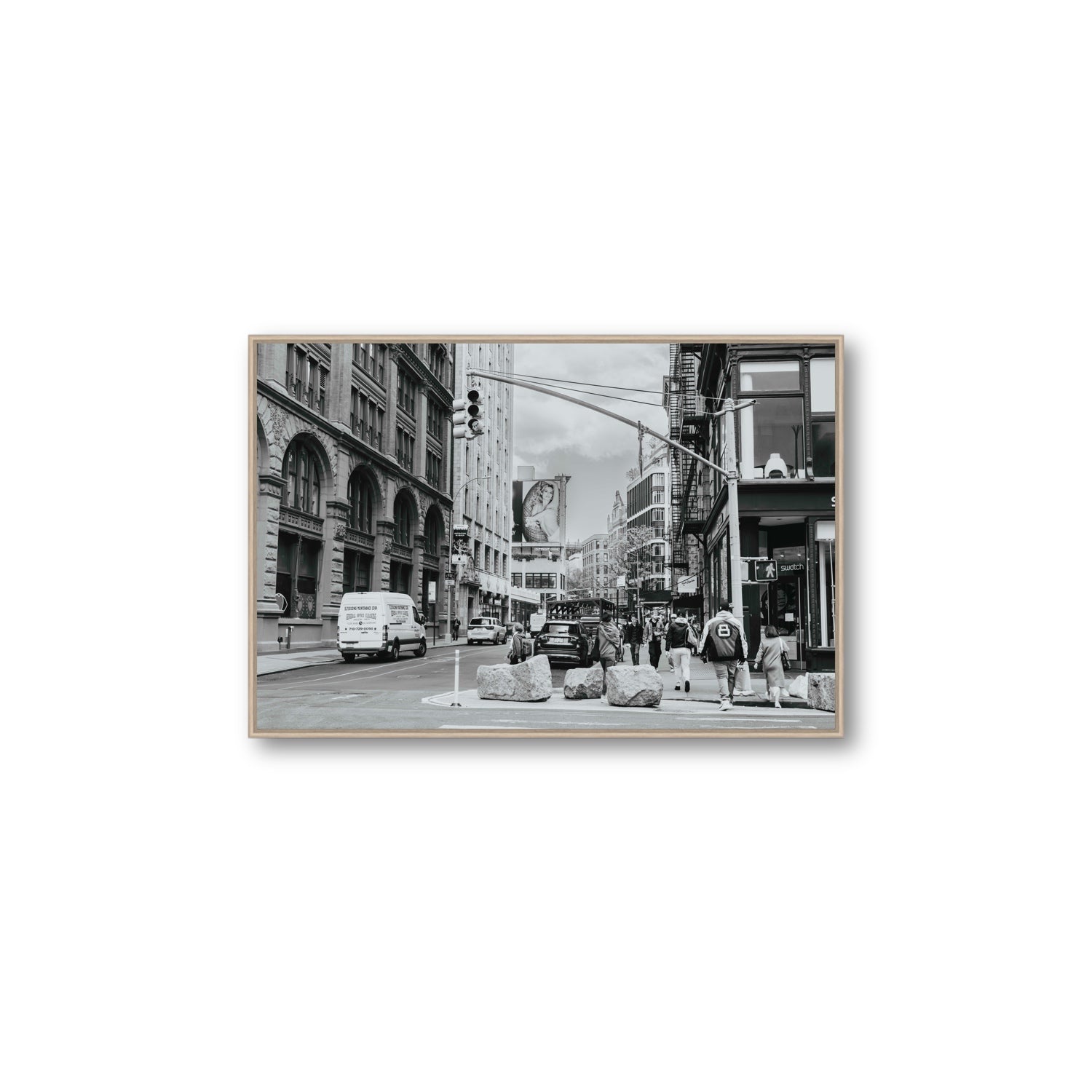 Inkwell Metropolis New York NYC Black & White wall art Large fine art canvas in natural oak float frame