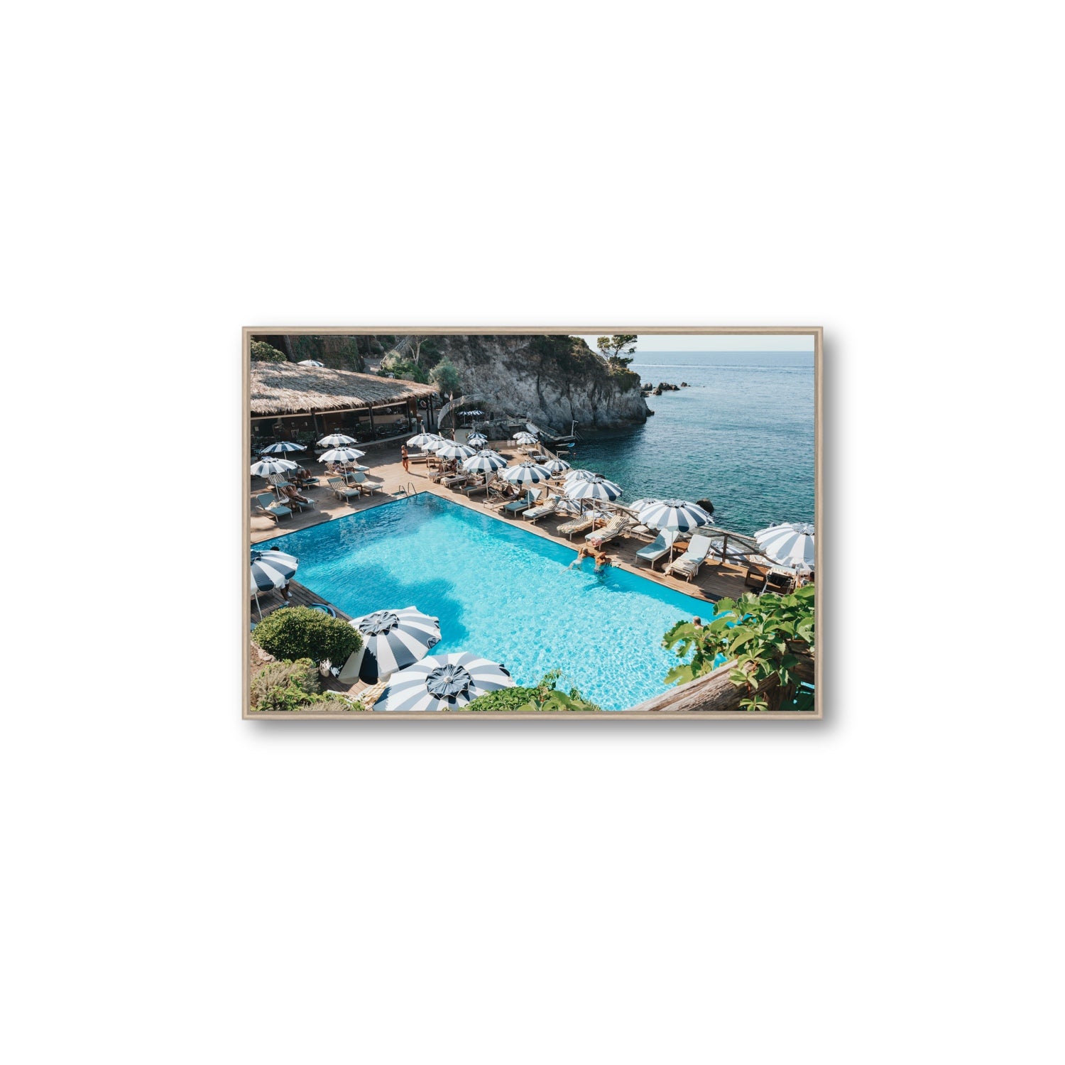 Oceanview Ischia Italian coastal wall art Large fine art canvas in natural oak float frame