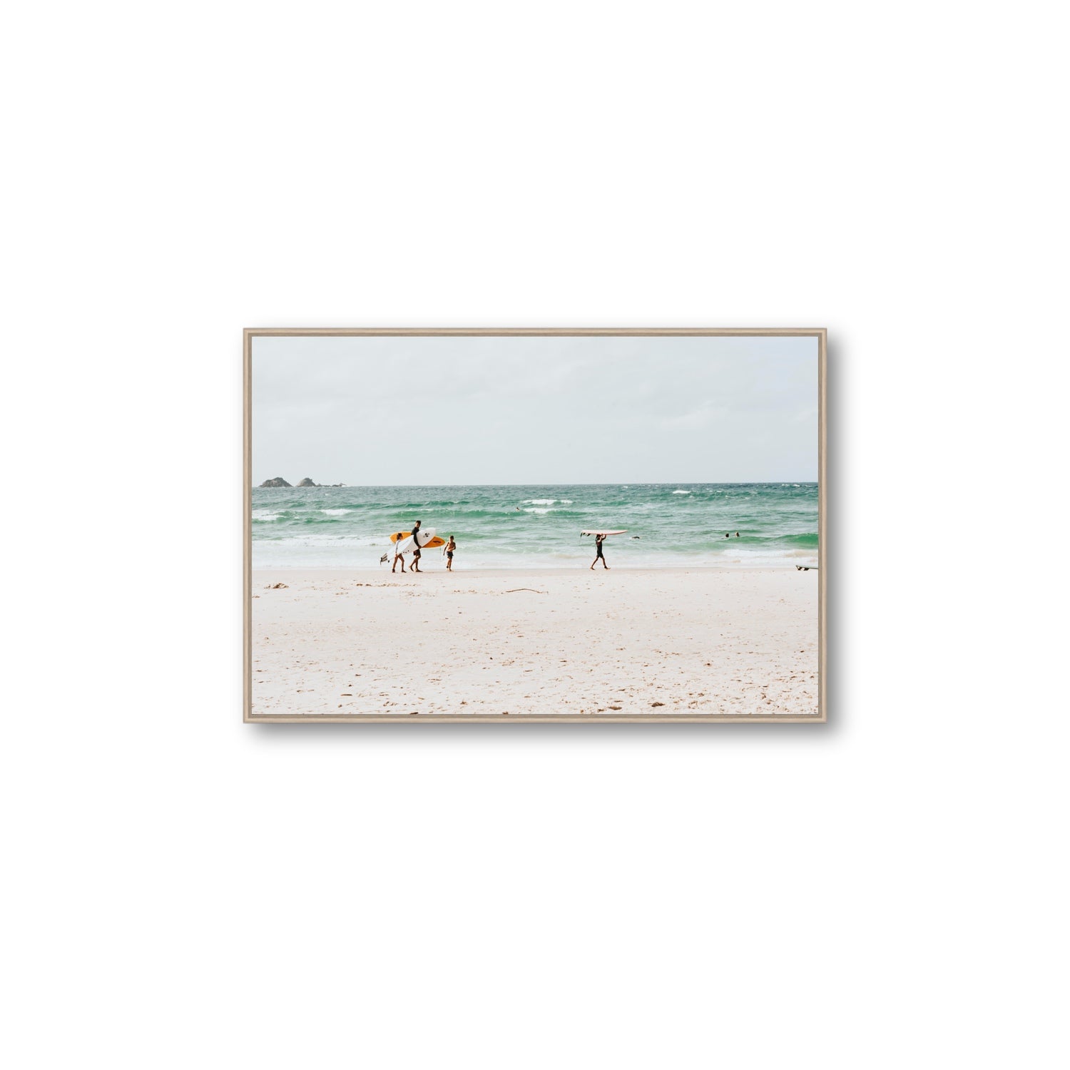 La Famiglia Byron Bay Family Surf coastal wall art Large fine art canvas in natural oak float frame