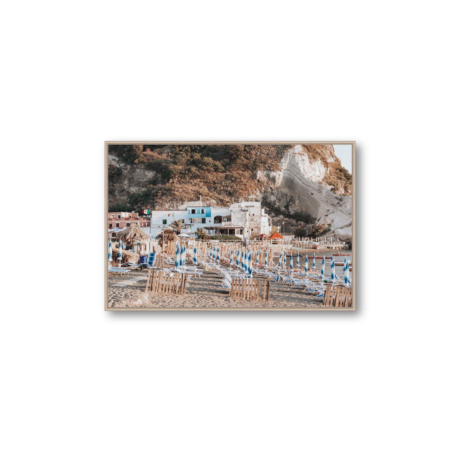 Sant' Angelo Ischia Italian coastal wall art Large fine art canvas in natural oak float frame
