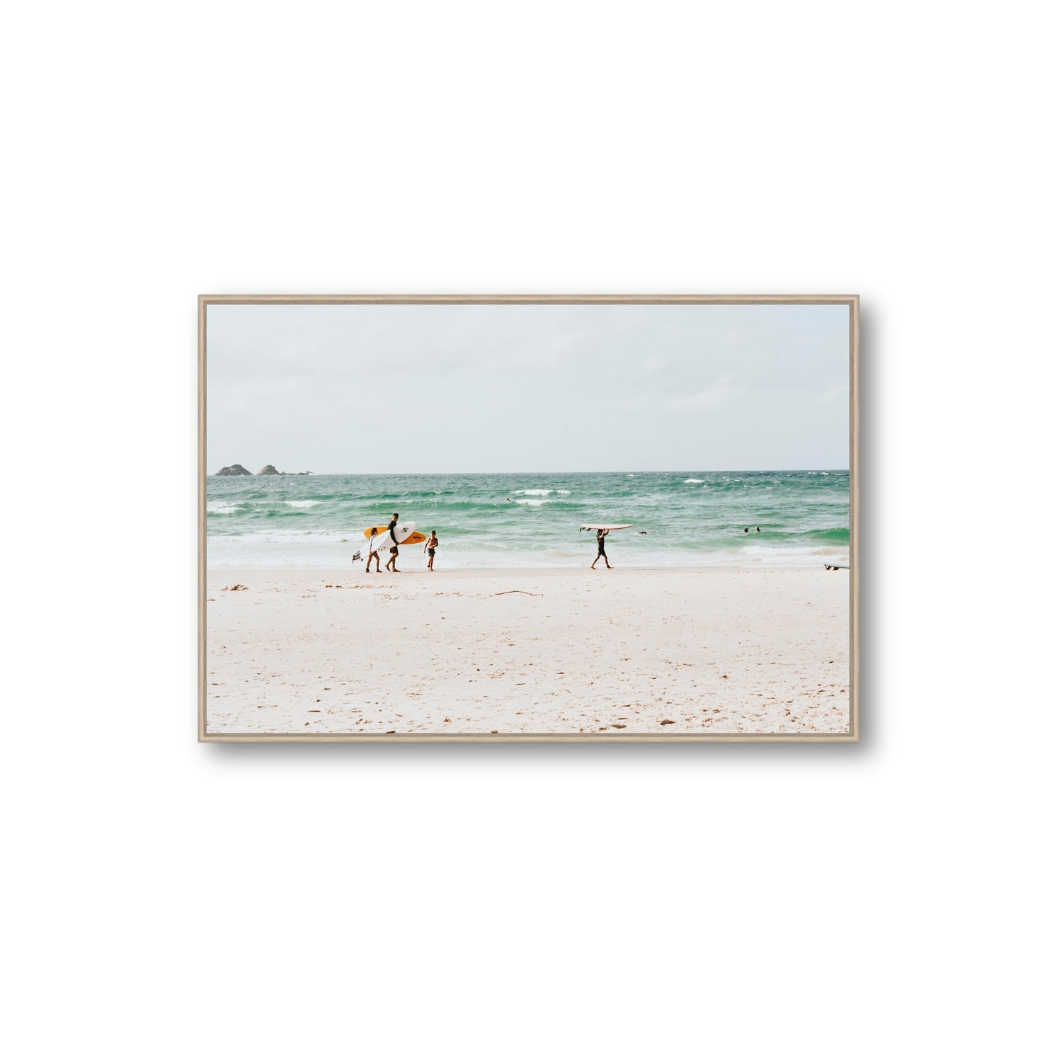 La Famiglia Byron Bay Family Surf coastal wall art Extra Large fine art canvas in natural oak float frame