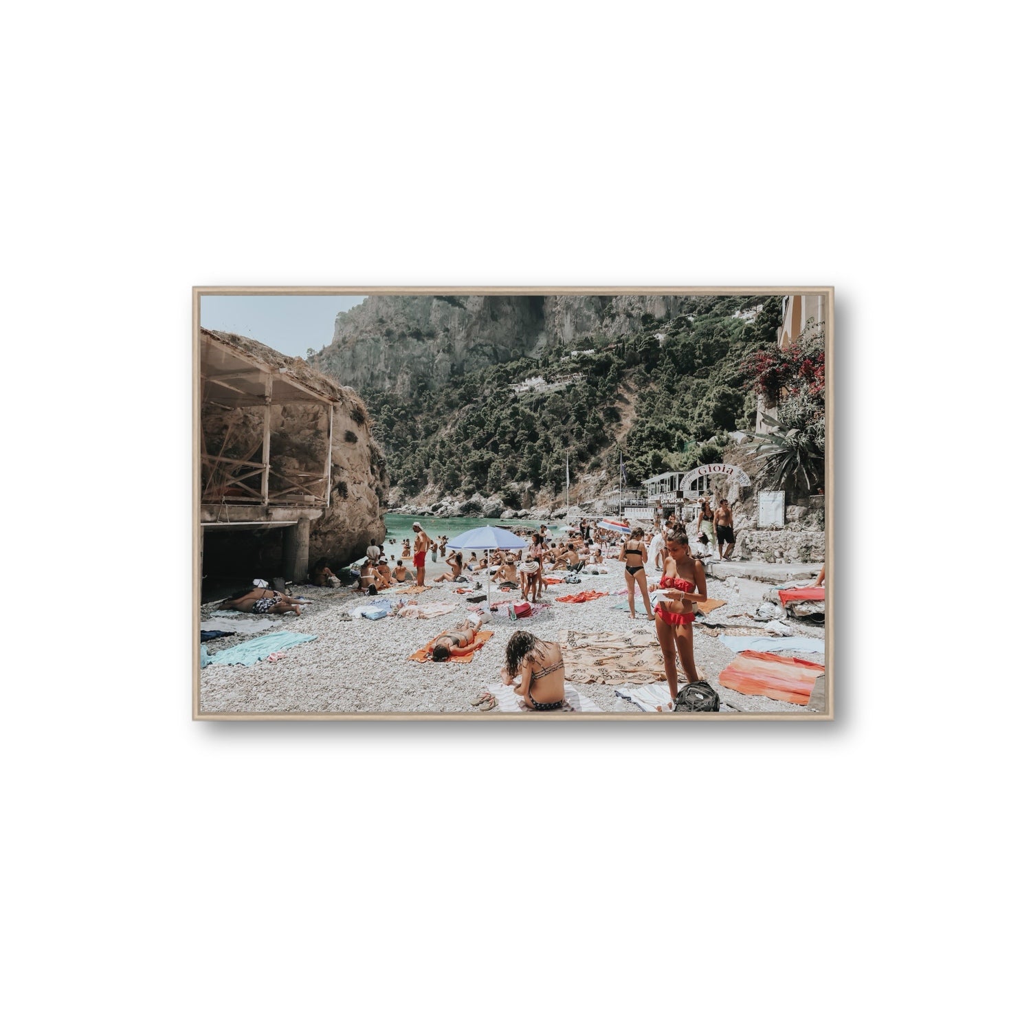 Spiaggia Da Gioia Capri beach coastal wall art Extra Large fine art canvas in natural oak float frame
