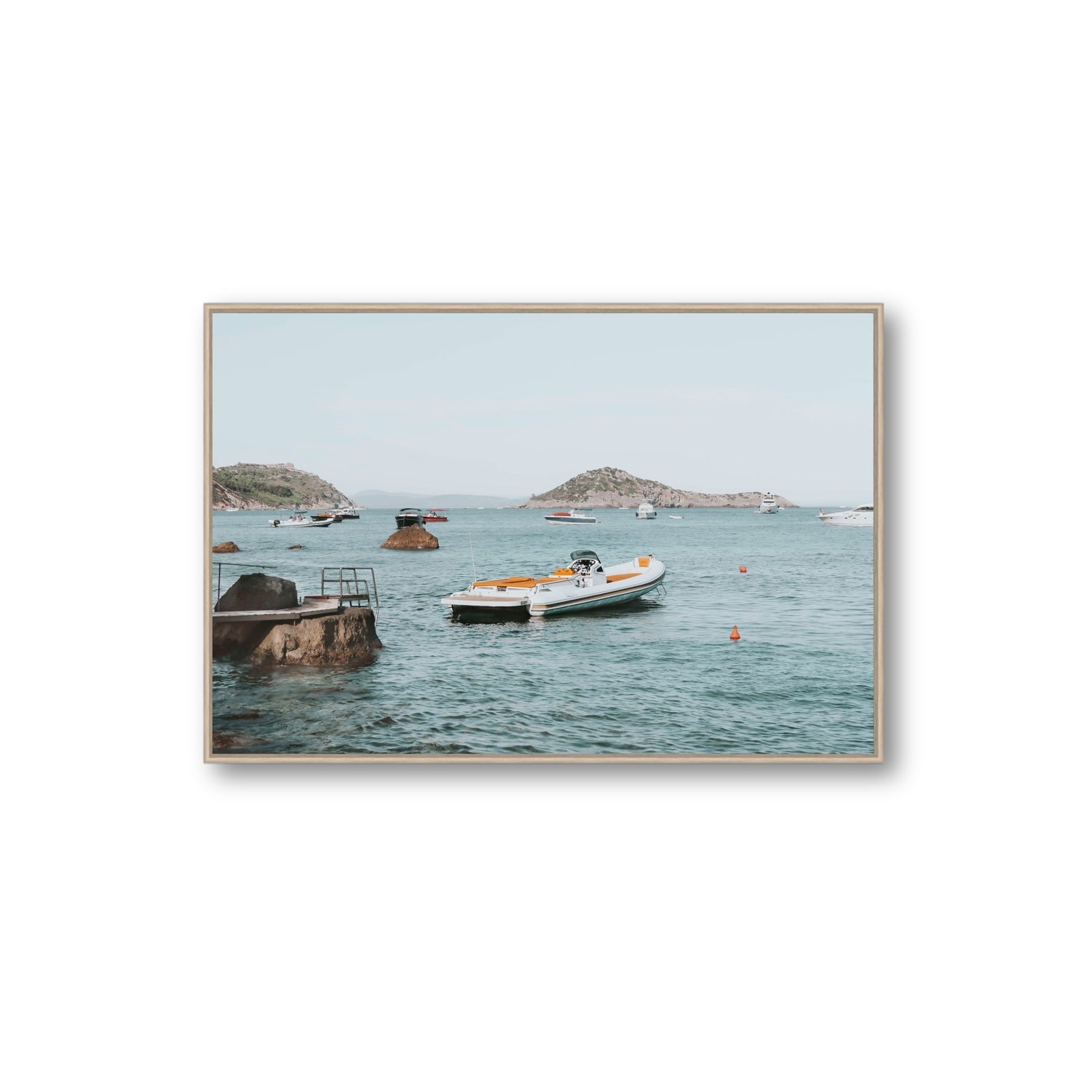 The Azure Sea Tuscany coastal Italian wall art Extra Large fine art canvas in natural oak float frame