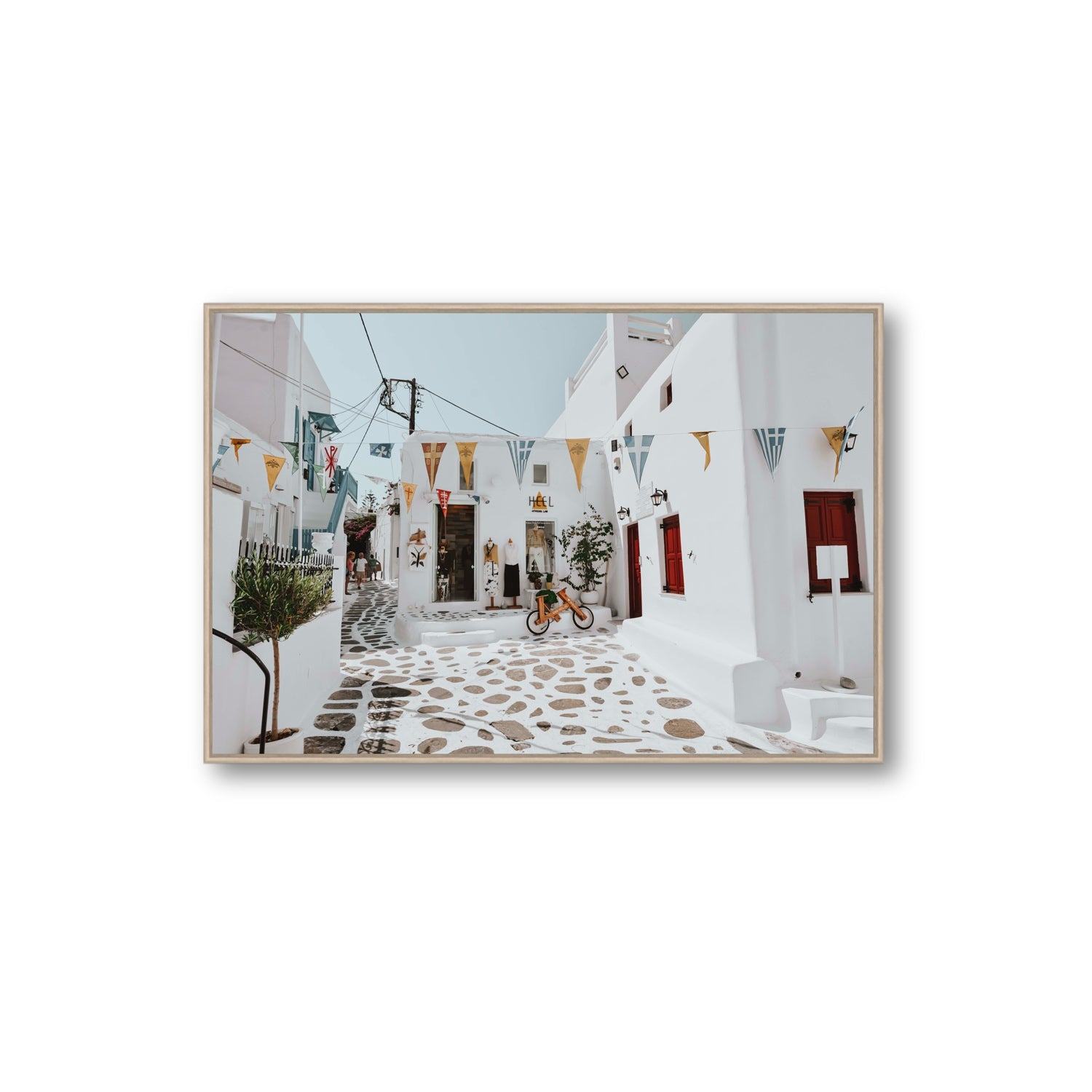 Cruising The Streets Mykonos Greek island wall art Extra Large fine art canvas in natural oak float frame
