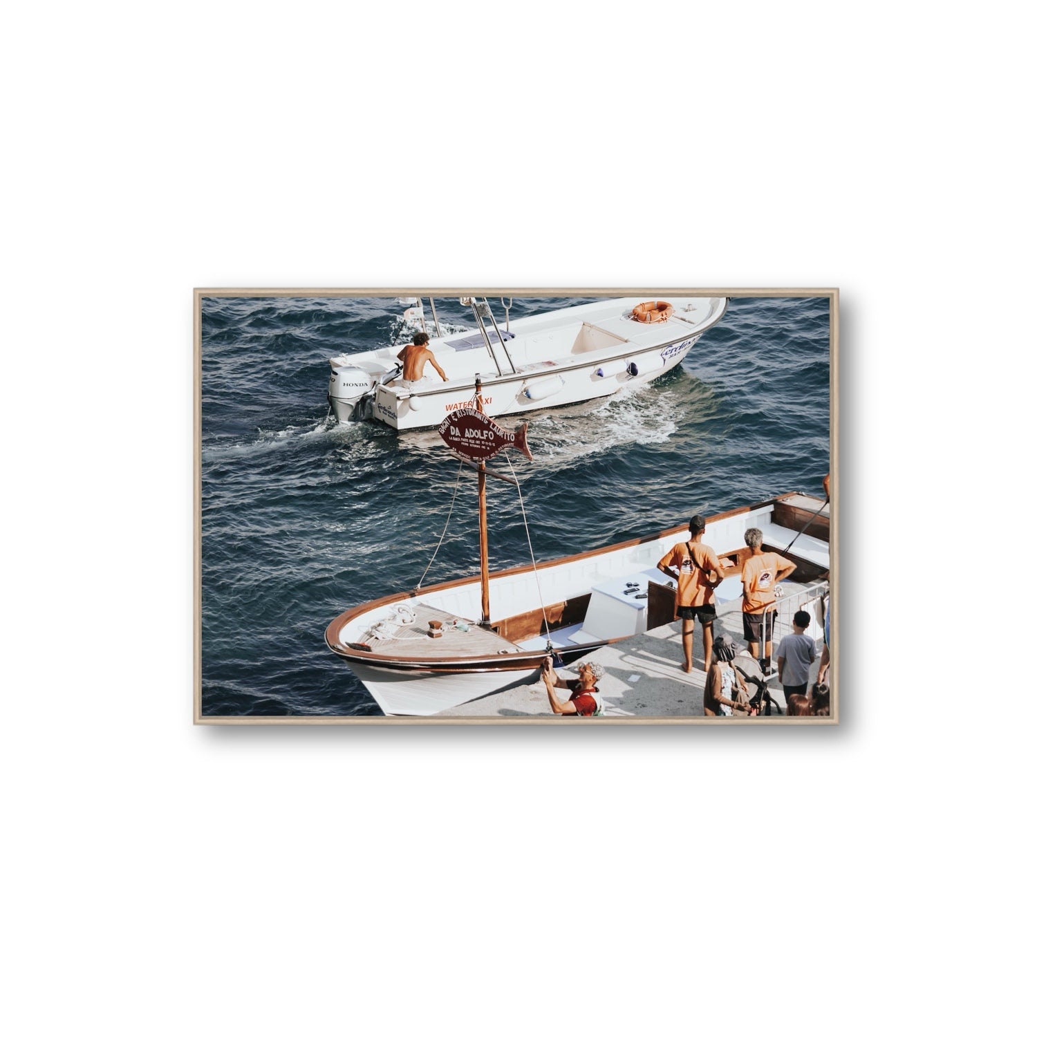 Water Taxi Positano wall art Extra Large fine art canvas in natural oak float frame
