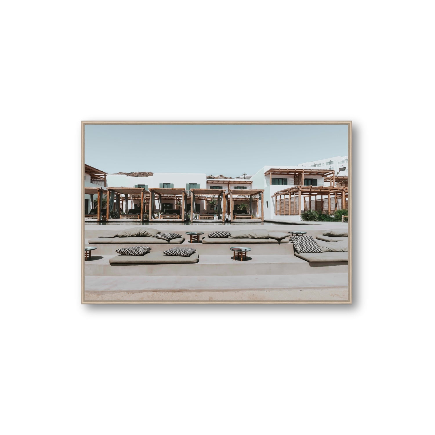 Platis Gialos fine art print, Mykonos, Greece, Extra Large, Natural Oak Float Frame, Fine Art Canvas