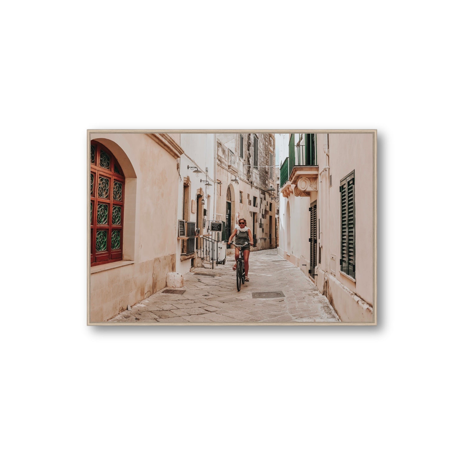 La Donna In Bicicletta Puglia Wall Italian fine art print Extra Large fine art canvas in natural oak float frame