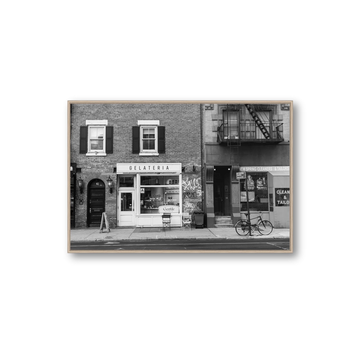 West Village Dolcezza New York NYC Black & White wall art Extra Large fine art canvas in natural oak float frame