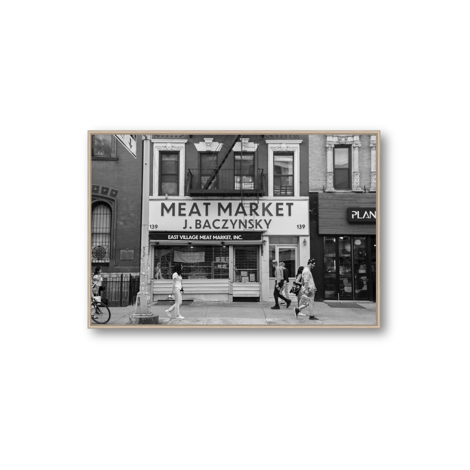 Meat District New York NYC Black & White wall art Extra Large fine art canvas in natural oak float frame