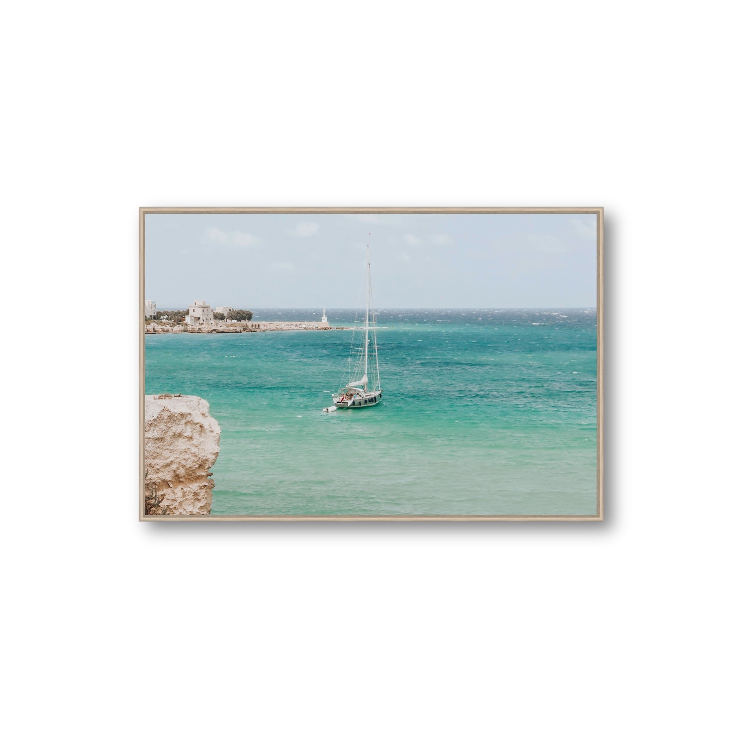 Adriatic Escape Puglia Italian coastal decor wall art Extra Large fine art canvas in natural oak float frame