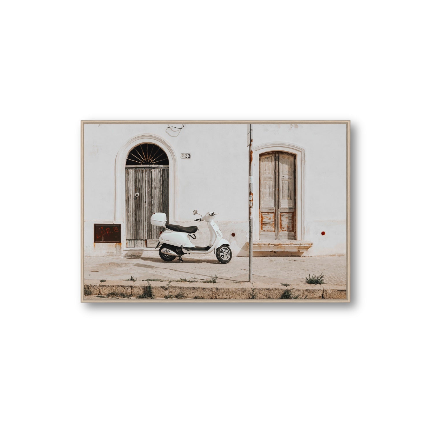 Vespa Nostalgia Puglia Italian wall art Extra Large fine art canvas in natural oak float frame