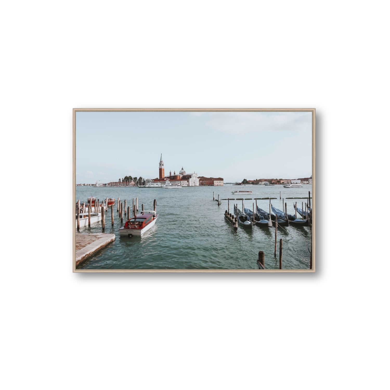 Venetian Waterscape Venice Italian art print Extra Large fine art canvas in natural oak float frame