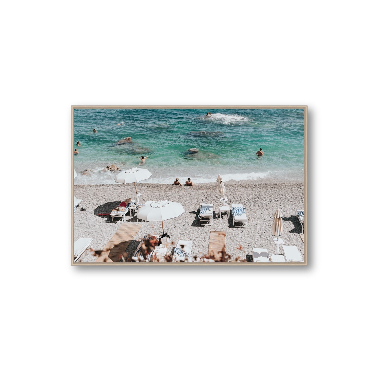 Amicizia Amalfi Italian beach wall art Extra Large fine art canvas in natural oak float frame