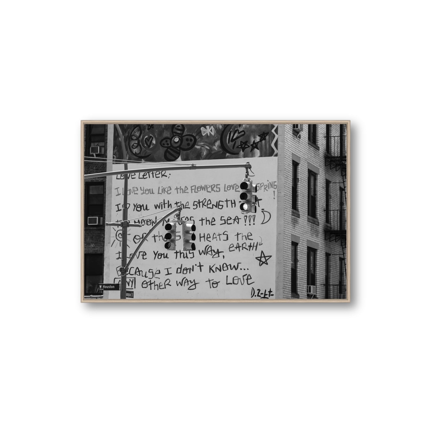 Love Letter New York NYC Black & White wall art Extra Large fine art canvas in natural oak float frame