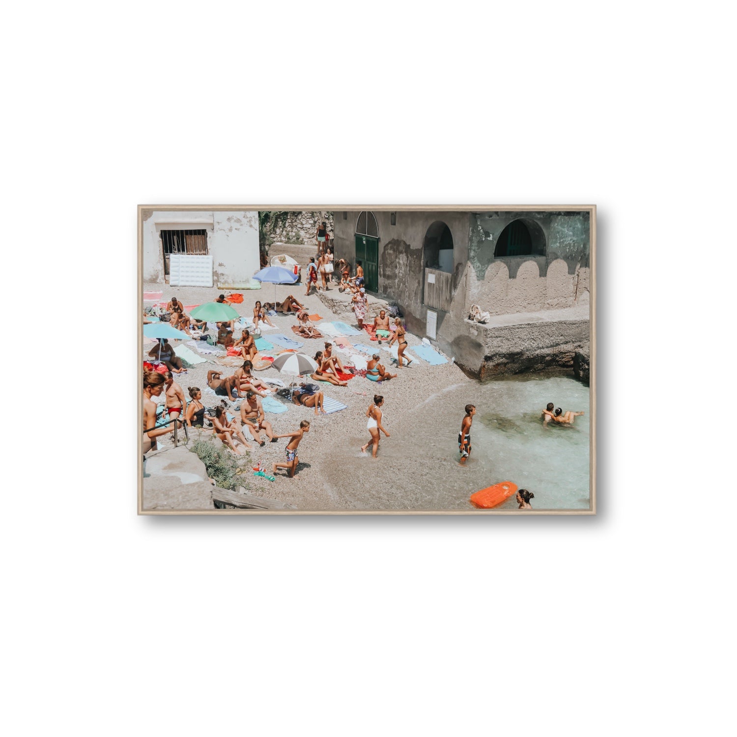 Heatwave Capri beach coastal wall art Extra Large fine art canvas in natural oak float frame