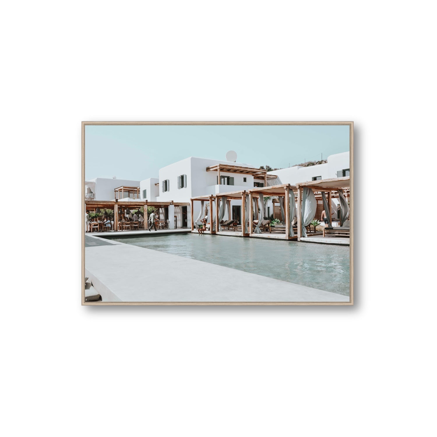 Polytelís Mykonos Greek island wall art Extra Large fine art canvas in natural oak float frame