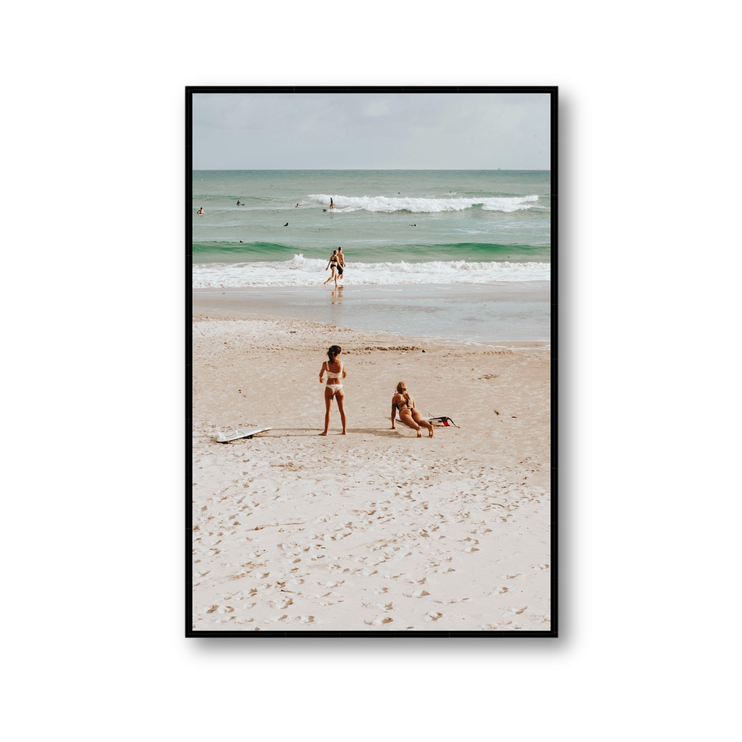Gidget & Betty Byron Bay beach coastal wall art Gallery fine art canvas in black float frame