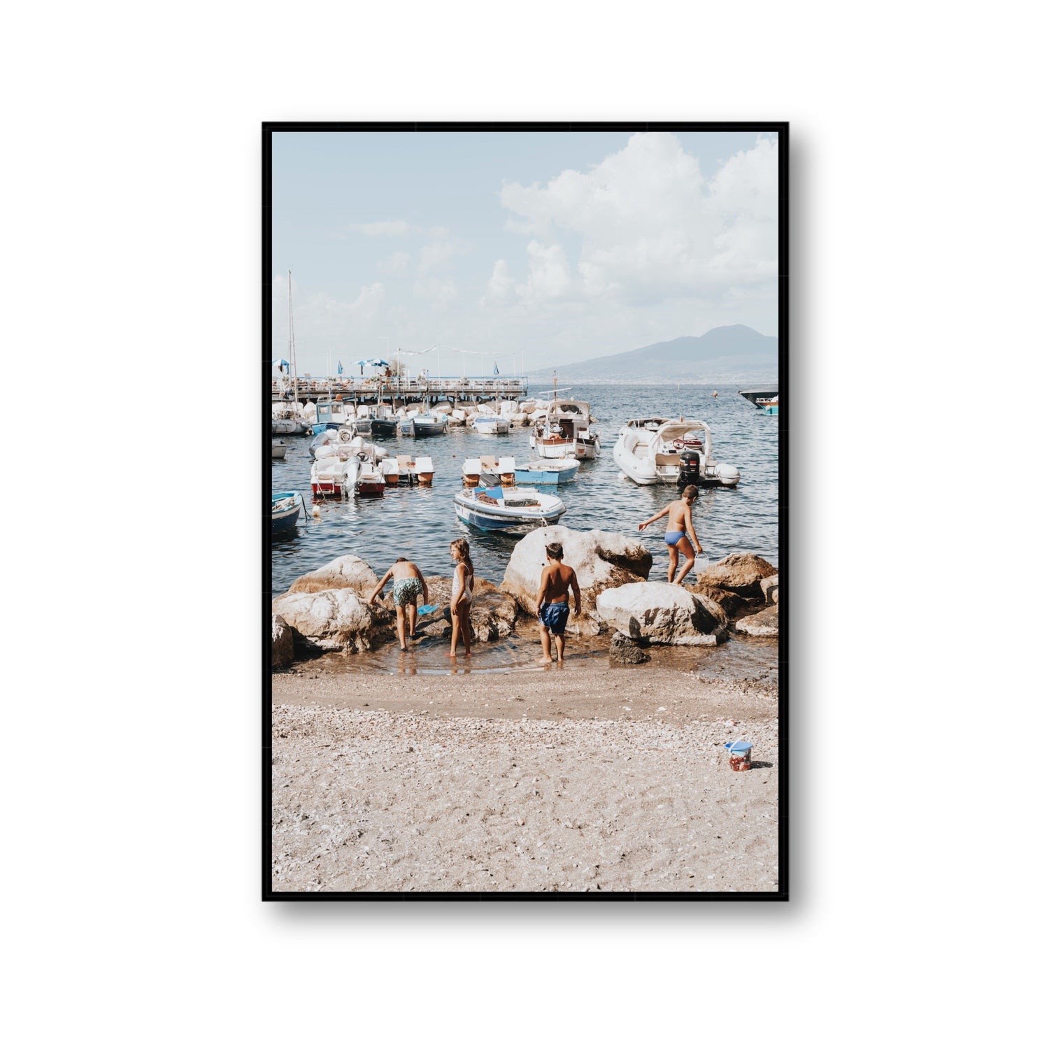 Searching For Treasures Sorrento coastal wall art Gallery fine art canvas in black float frame