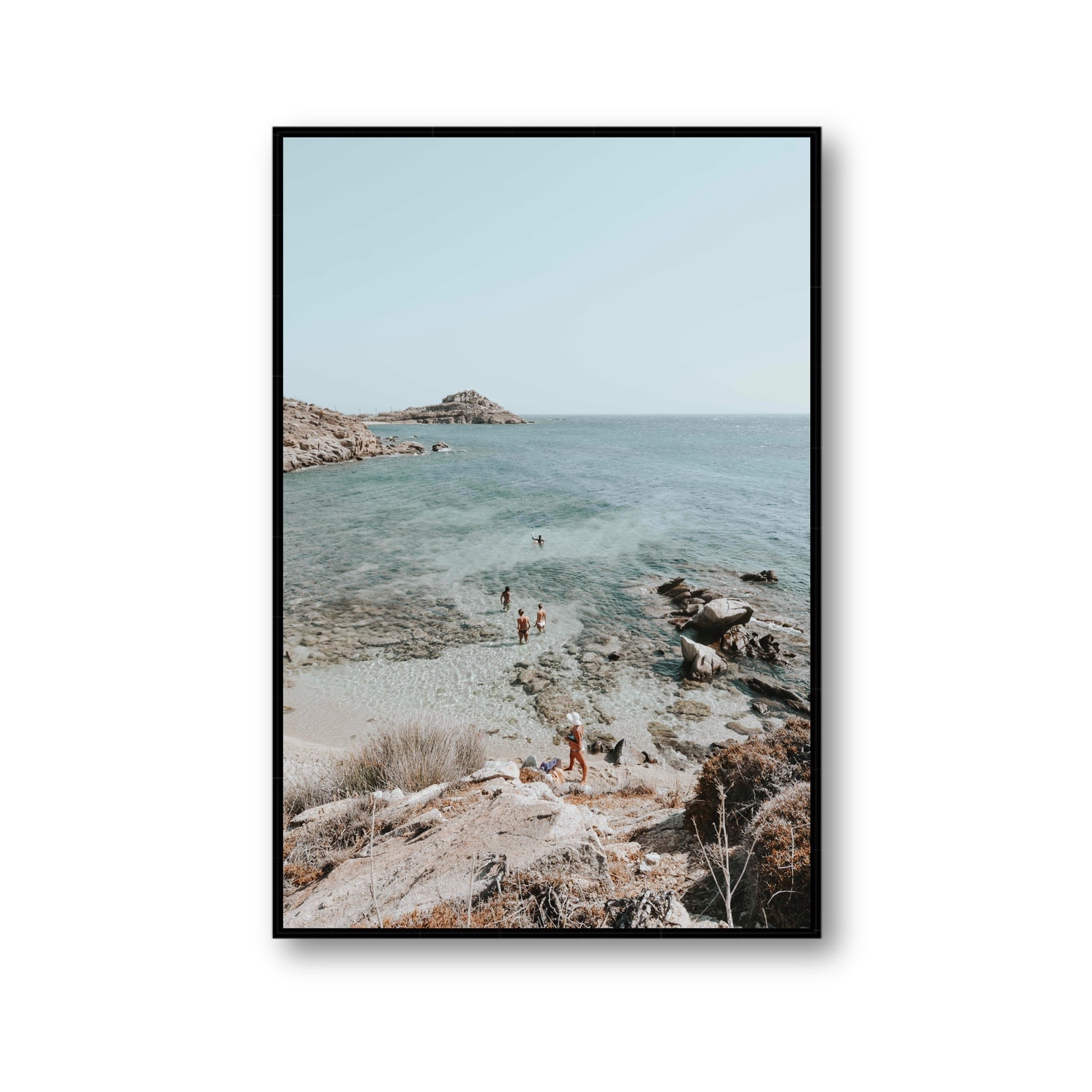 Explorers Mykonos Greek island wall art Gallery fine art canvas in black float frame