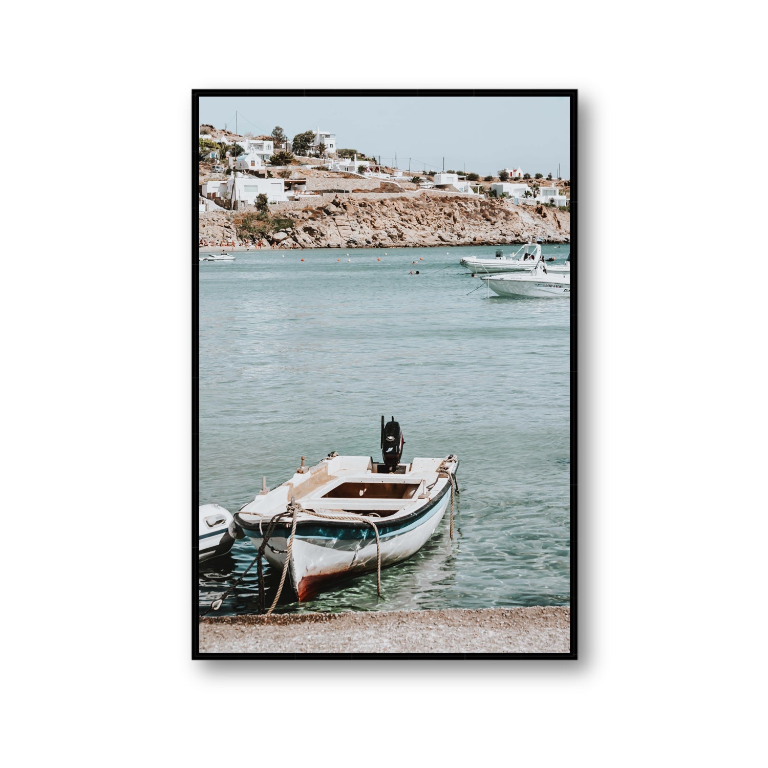 Classic Wheels Mykonos Greek island wall art Gallery fine art canvas in black float frame