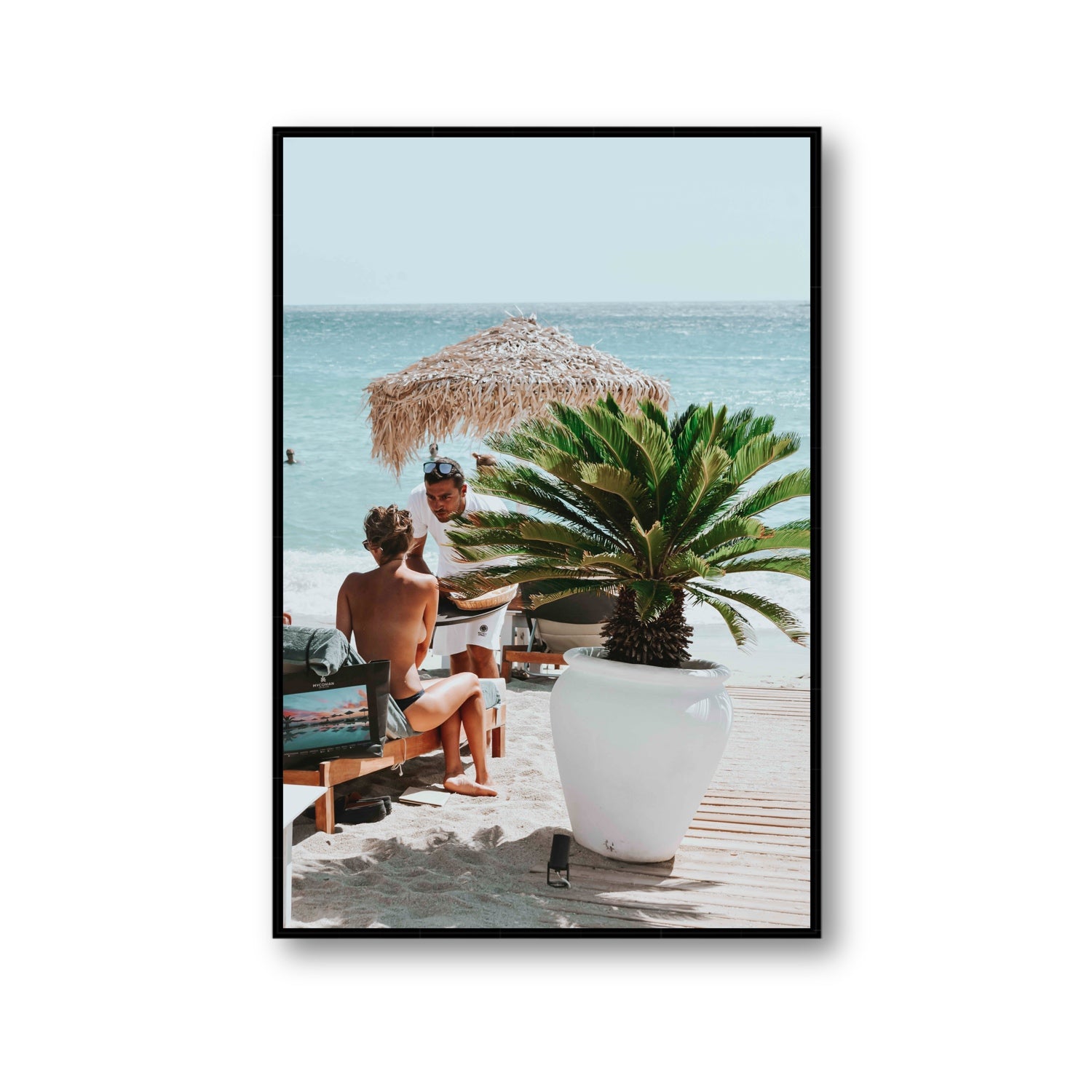 At Your Service Mykonos Greek island wall art Gallery fine art canvas in black float frame