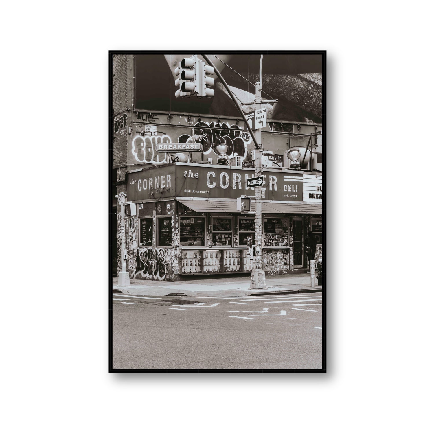 Soho Deli New York NYC Black & White wall art Gallery fine art canvas in black float frame