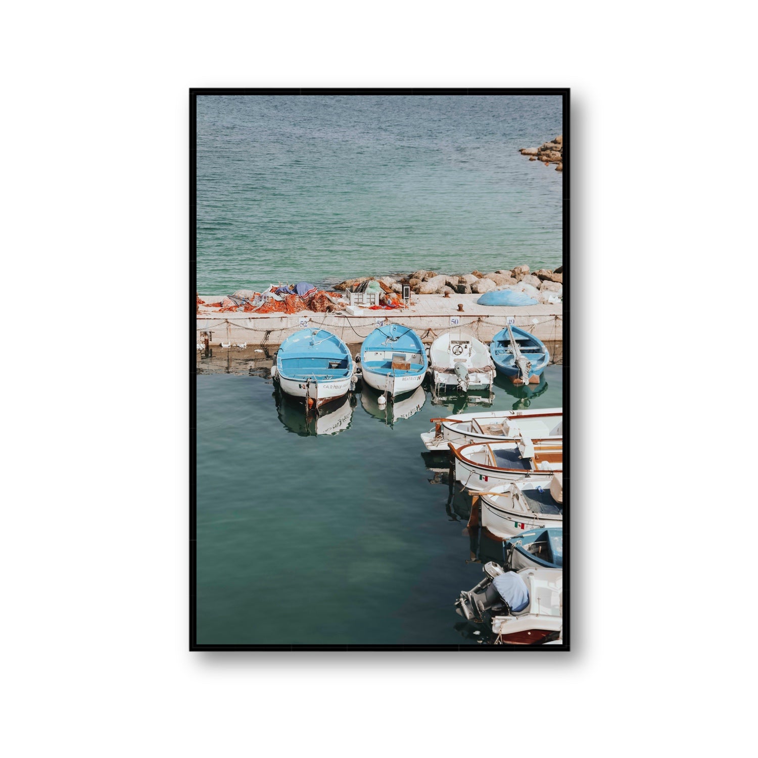 Maritime Memories Puglia Harbour Reflections coastal wall art Gallery fine art canvas in black float frame