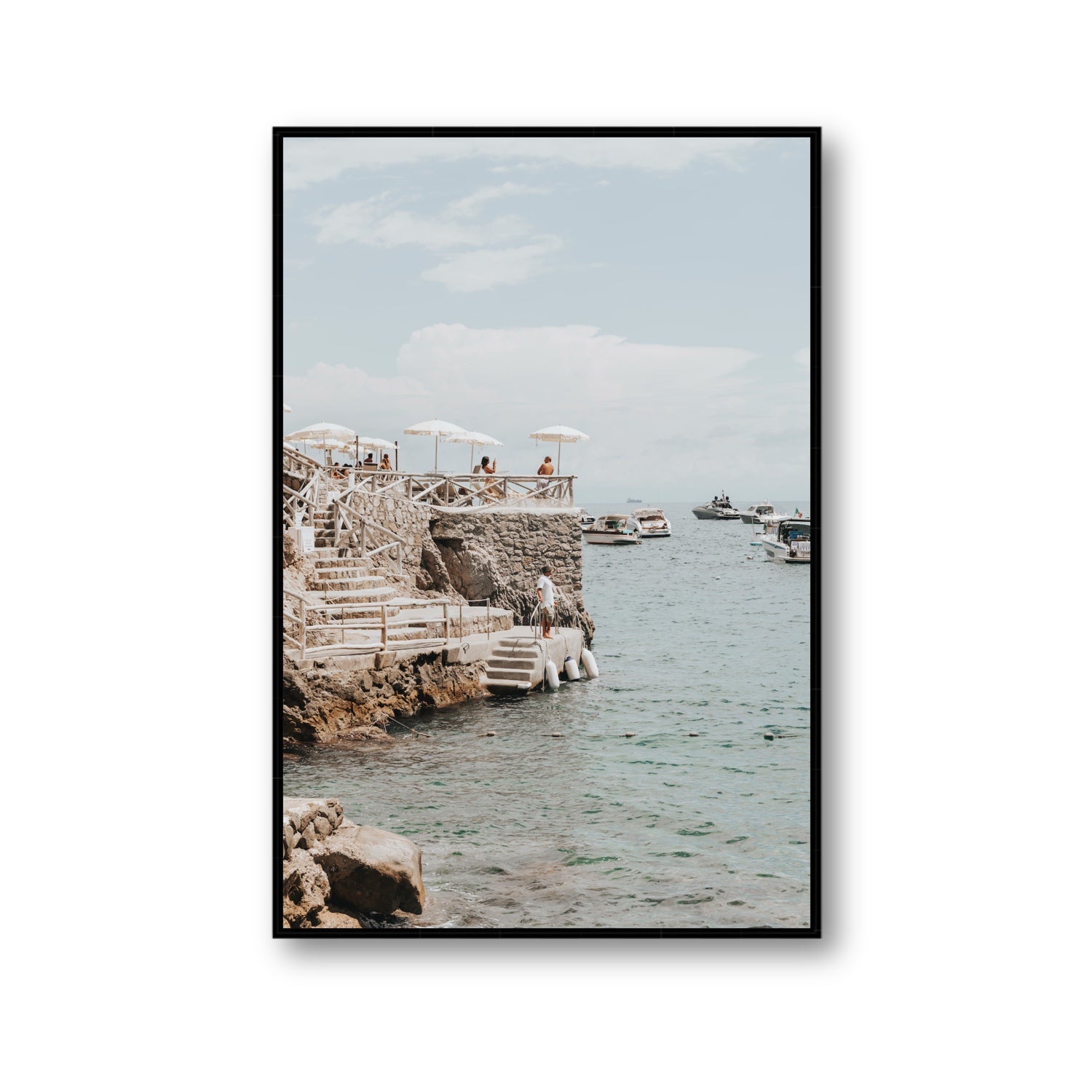 Pier Patrol fine art print, Nerano, Italy, Gallery, Black Float Frame, Fine Art Canvas