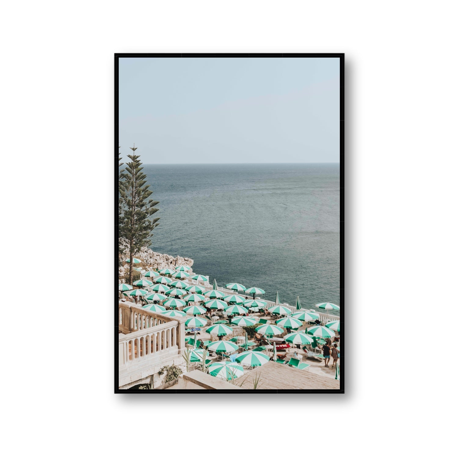 Sun-drenched Stripes Puglia beach coastal wall art Gallery fine art canvas in black float frame