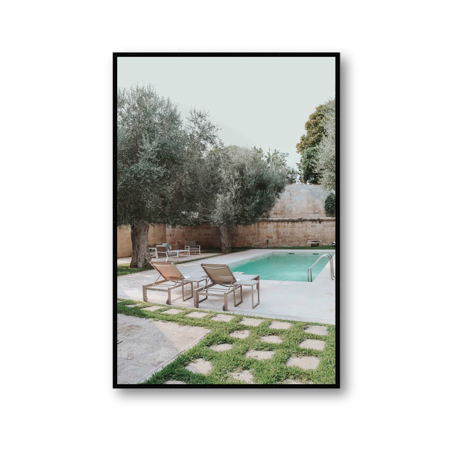 Olive Oasis Puglia Mediterranean wall art Gallery fine art canvas in black float frame