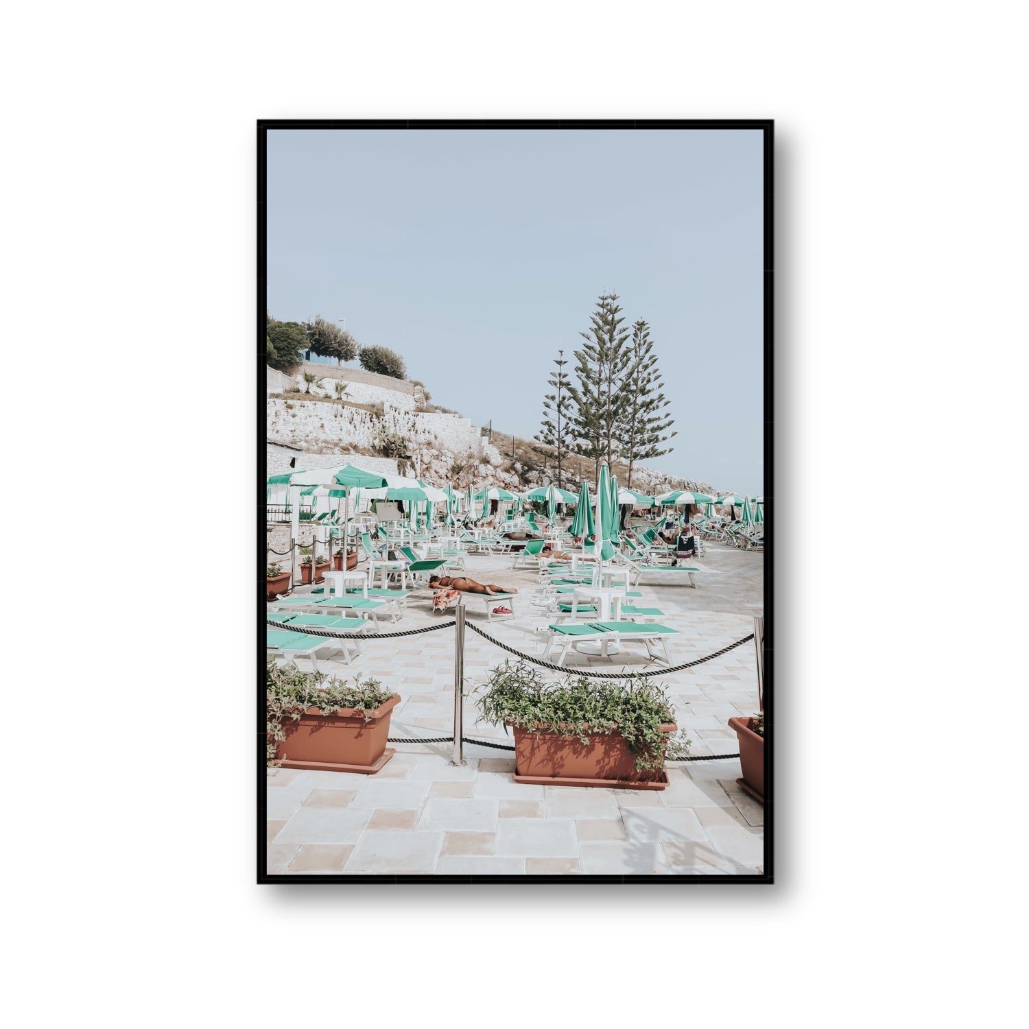 Siesta on The Terrace Puglia coastal wall art Gallery fine art canvas in black float frame