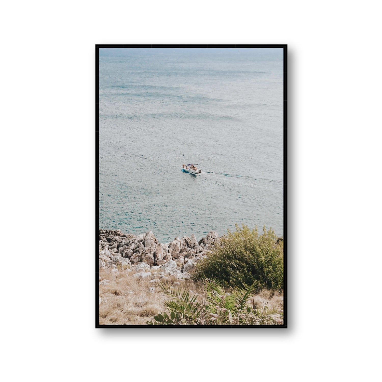 Puglian Departure Puglia coastal Italian wall art Gallery fine art canvas in black float frame
