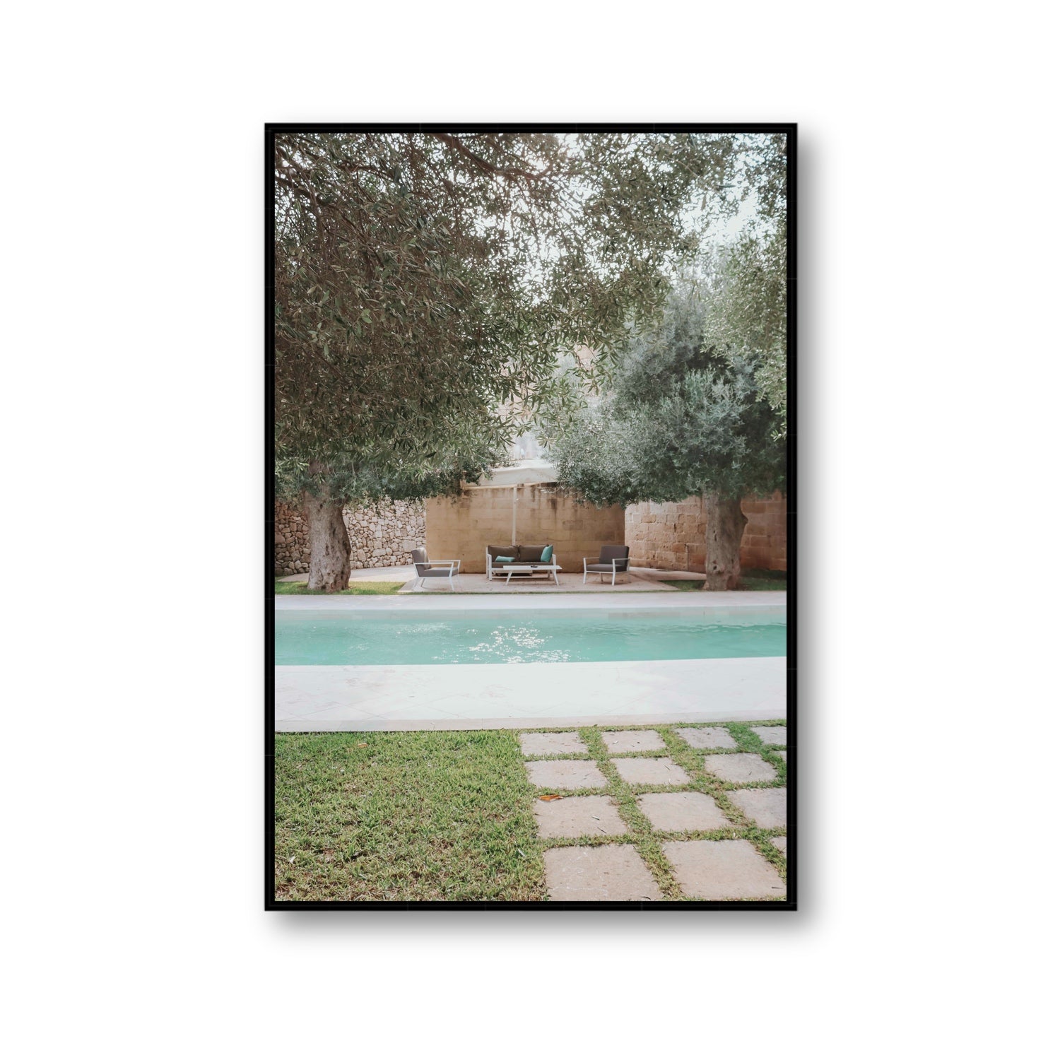 Idyllic Escape Puglia Mediterranean wall art Gallery fine art canvas in black float frame