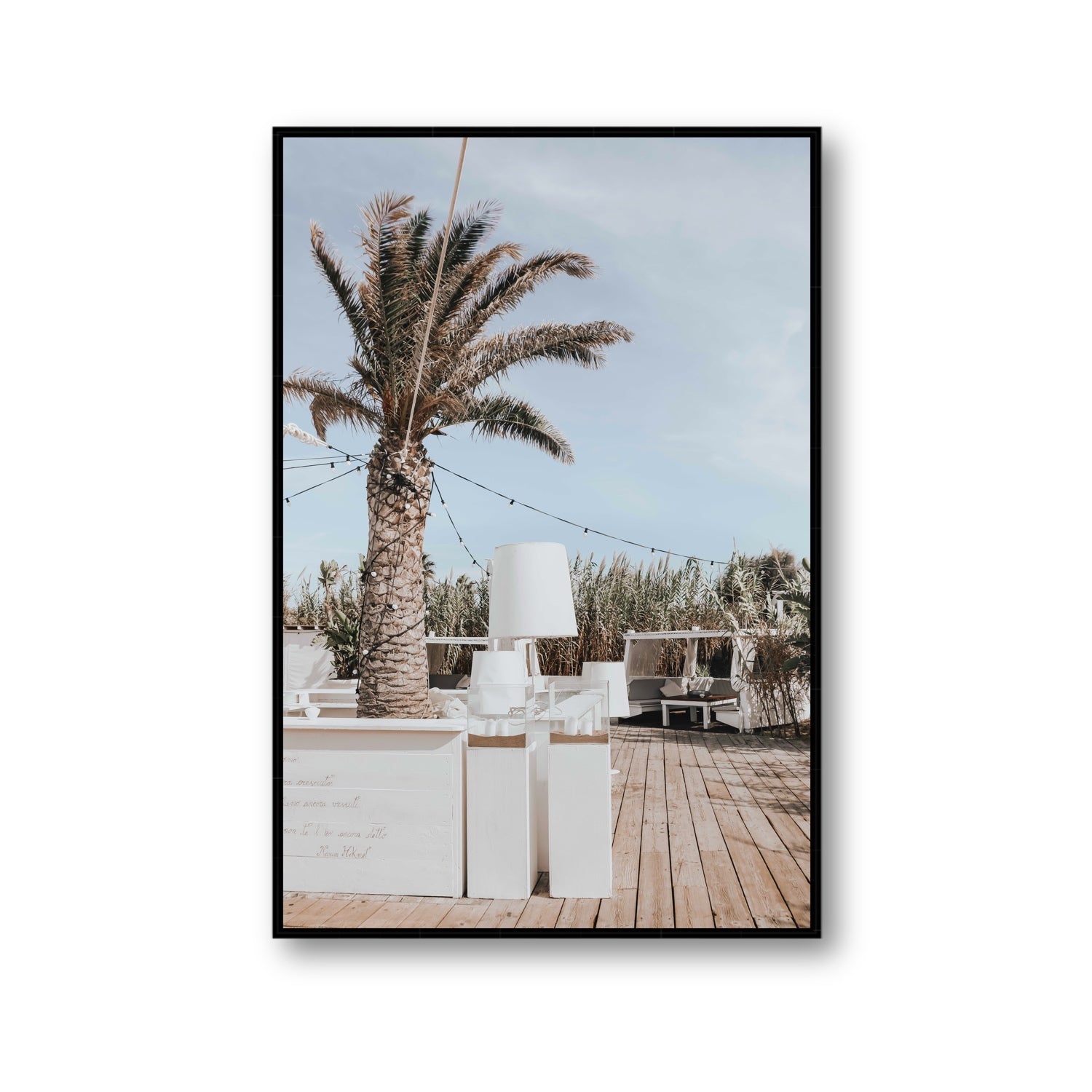 Seabreeze Palm Puglia coastal beach wall art Gallery fine art canvas in black float frame