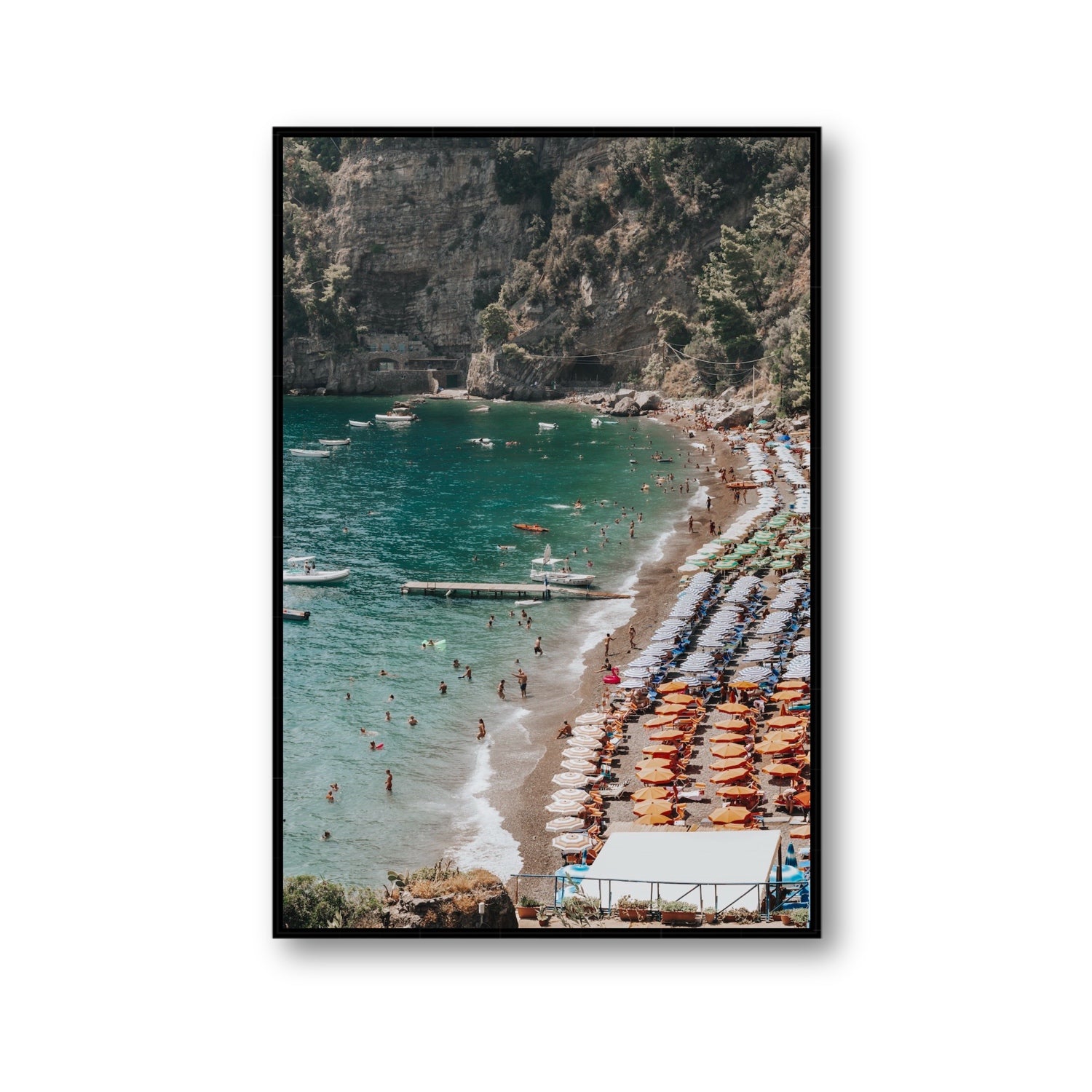 Parasol Panorama fine art print, Positano, Italy, Gallery, Black Float Frame, Fine Art Canvas