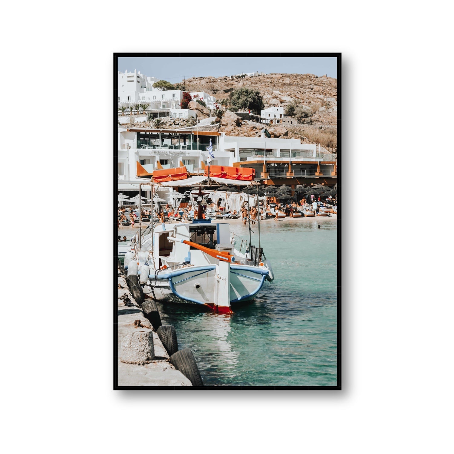 Travel In Style Mykonos Greek island wall art Gallery fine art canvas in black float frame