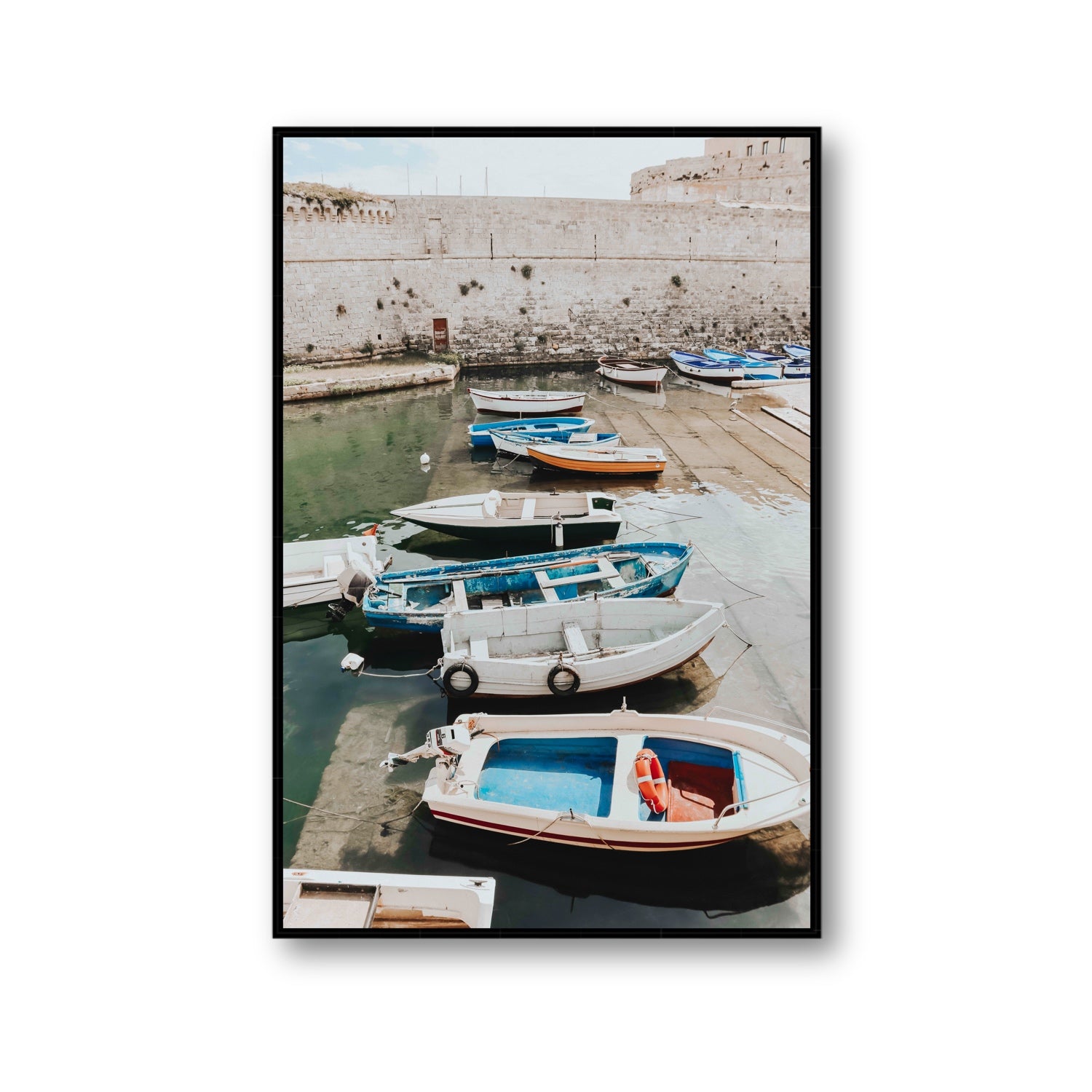 Harbour Palette Puglia coastal photography wall art Gallery fine art canvas in black float frame