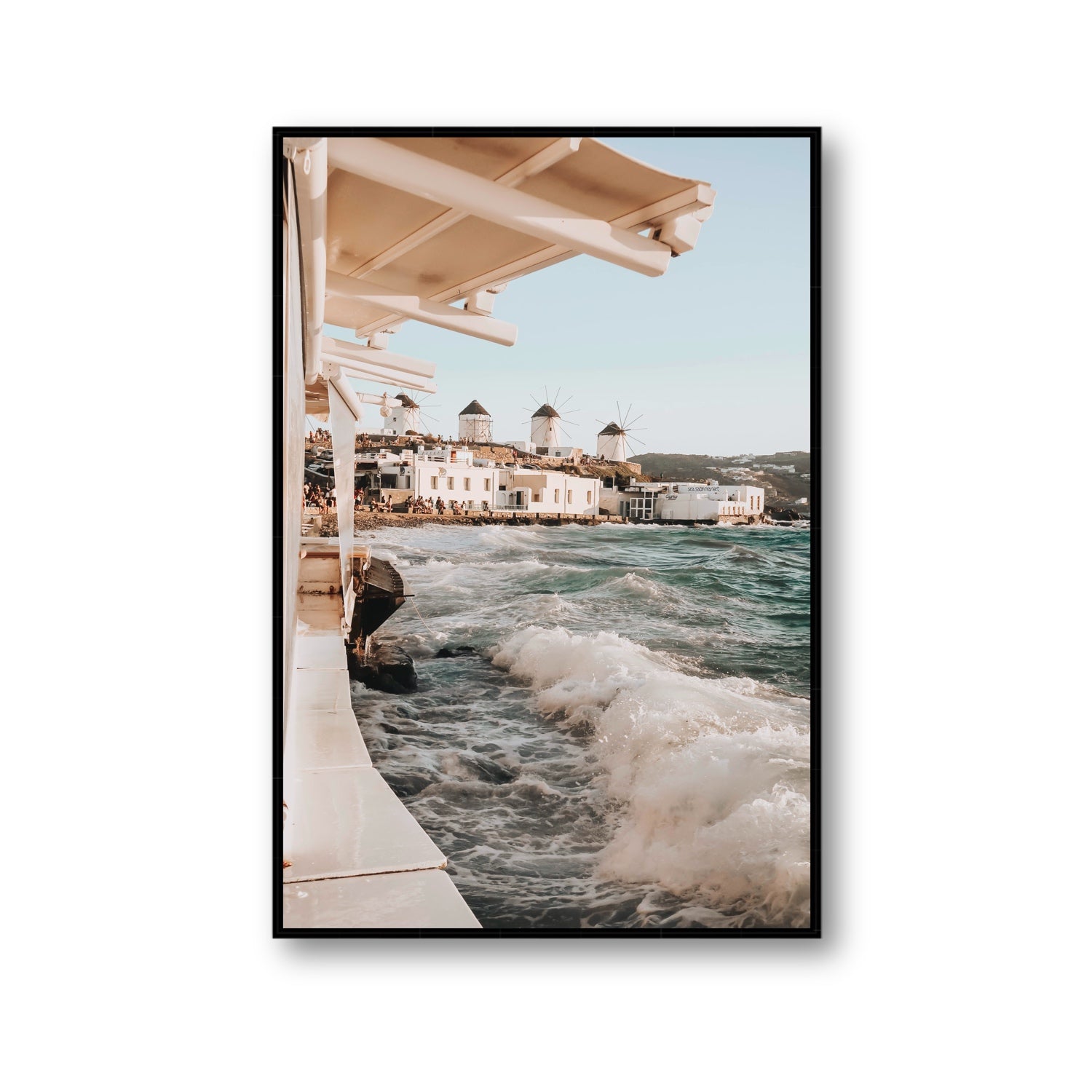 Windmills Mykonos Greek island wall art Gallery fine art canvas in black float frame