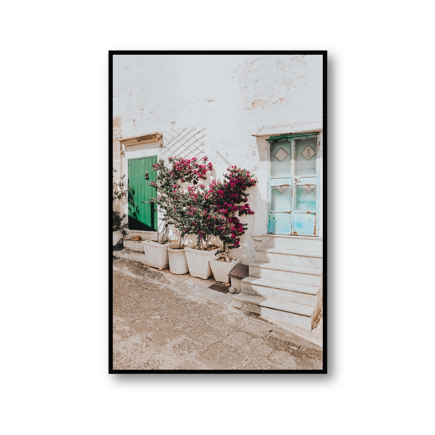 Floral Canvas Puglia Ostuni wall art Gallery fine art canvas in black float frame