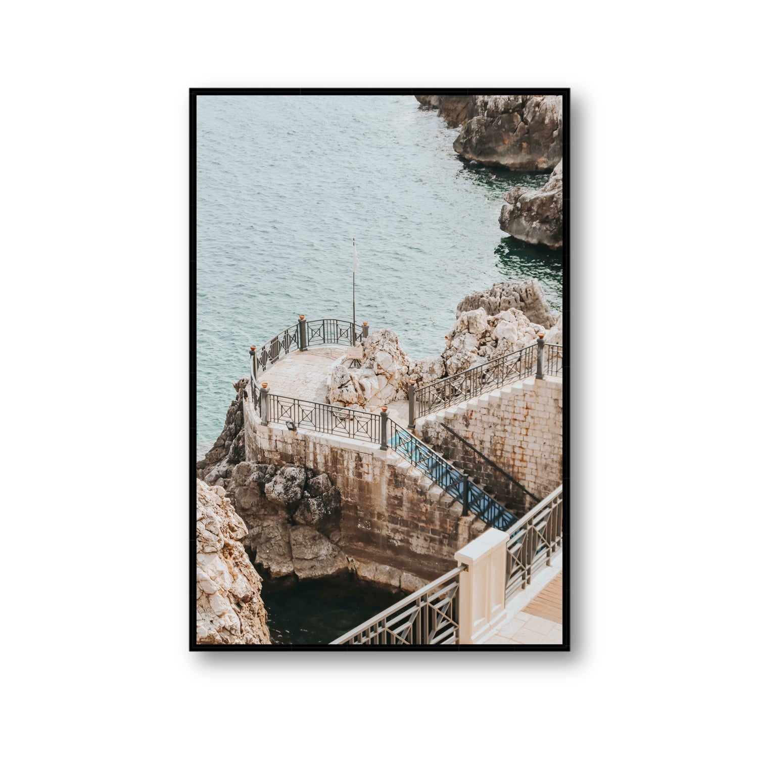 Tidal Staircase Puglia coastal Italian wall art Gallery fine art canvas in black float frame