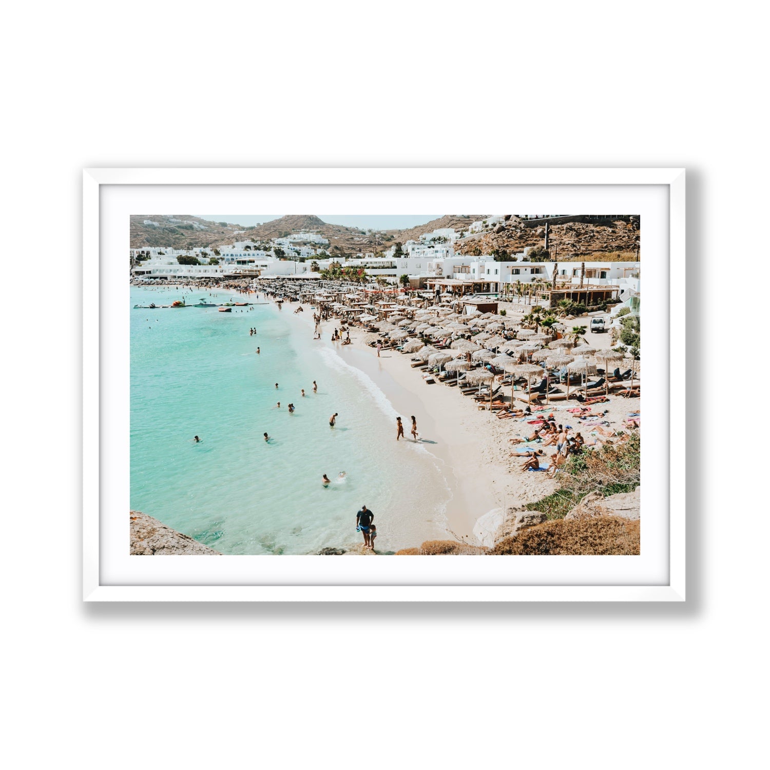 Aquaholic Mykonos Greek island wall art Giant fine art print in white frame with matboard