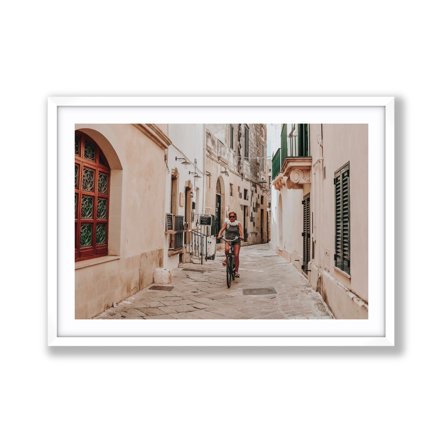La Donna In Bicicletta Puglia Wall Italian fine art print Giant fine art print in white frame with matboard