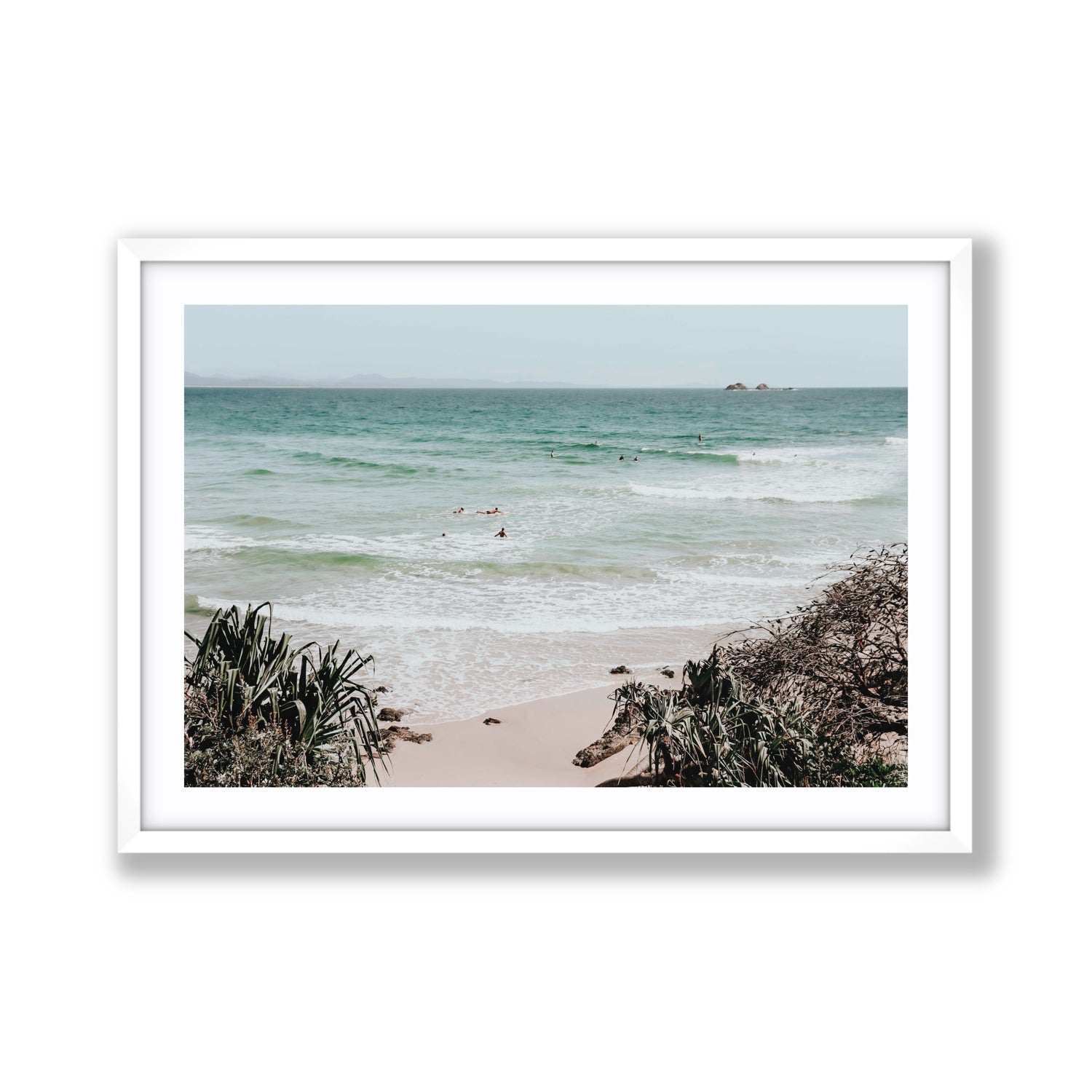 Surf City Byron Bay Surf coastal wall art Giant fine art print in white frame with matboard