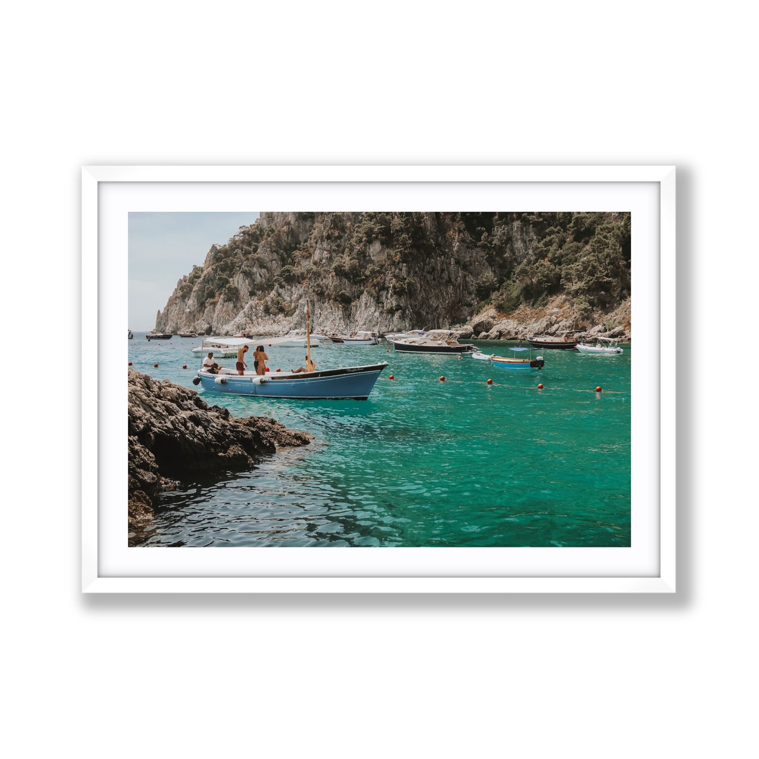 Cozy Cove Capri coastal Mediterranean wall art Giant fine art print in white frame with matboard