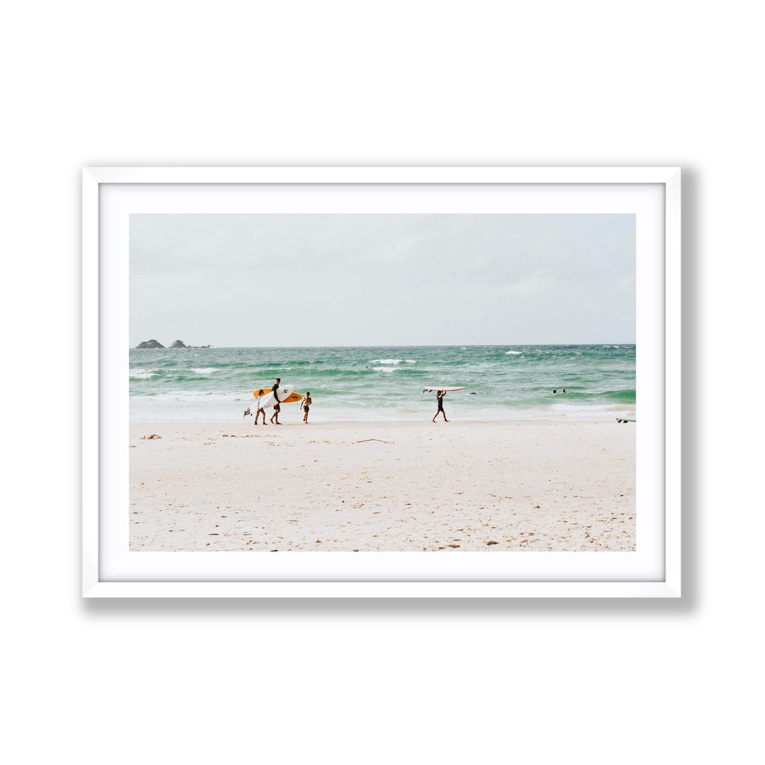 La Famiglia Byron Bay Family Surf coastal wall art Giant fine art print in white frame with matboard