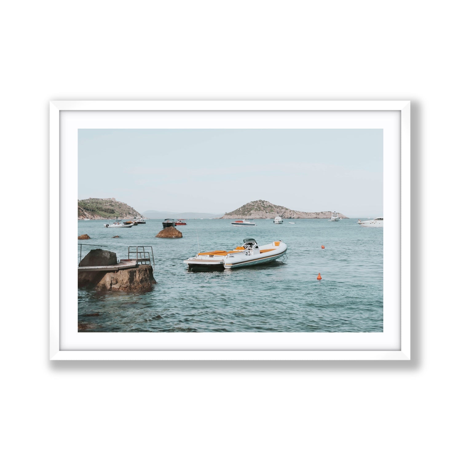 The Azure Sea Tuscany coastal Italian wall art Giant fine art print in white frame with matboard