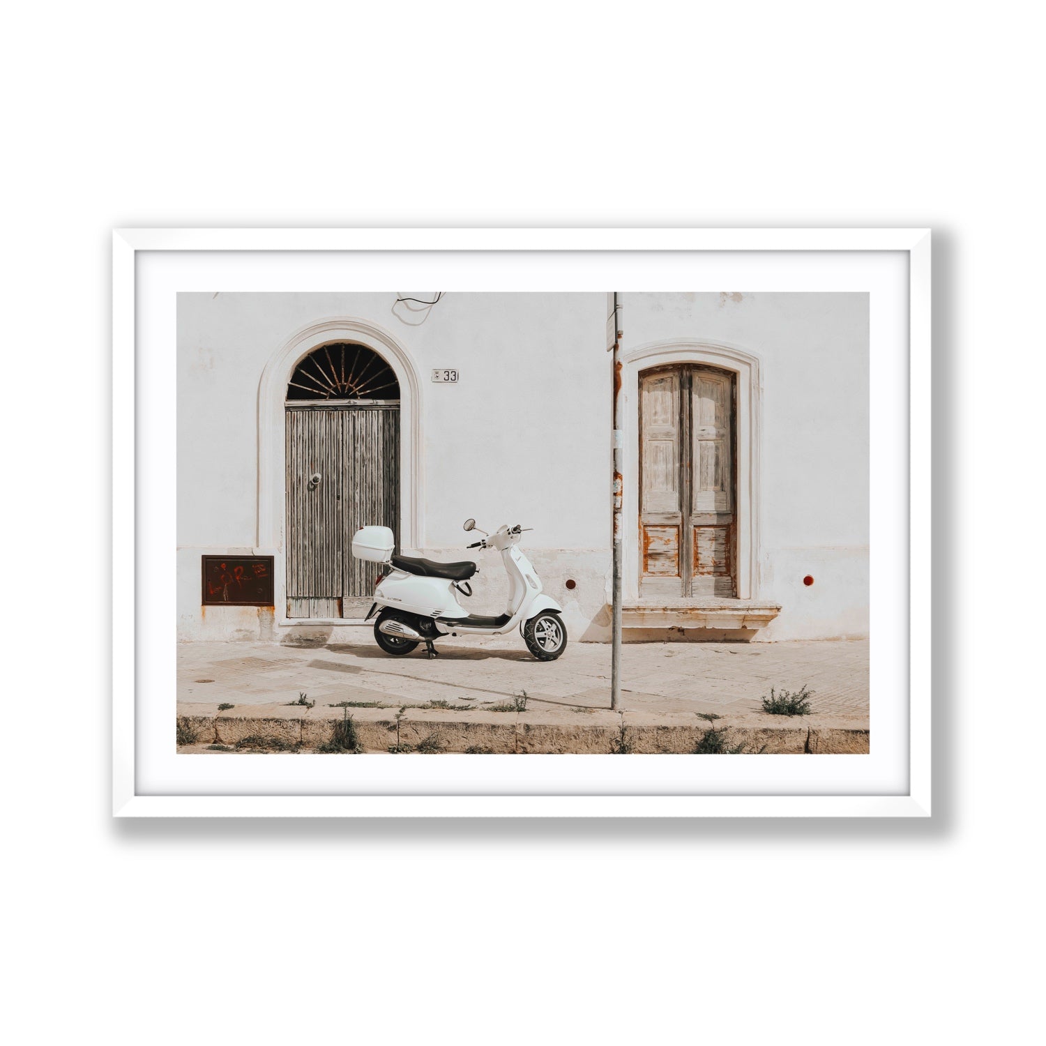 Vespa Nostalgia Puglia Italian wall art Giant fine art print in white frame with matboard
